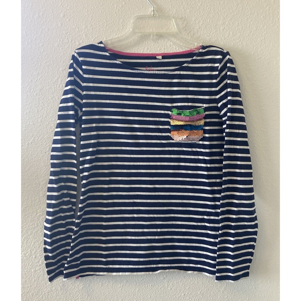 Boden Women's Top Size 2 Navy Striped Long Sleeve Rainbow Sequin Pocket Nautical